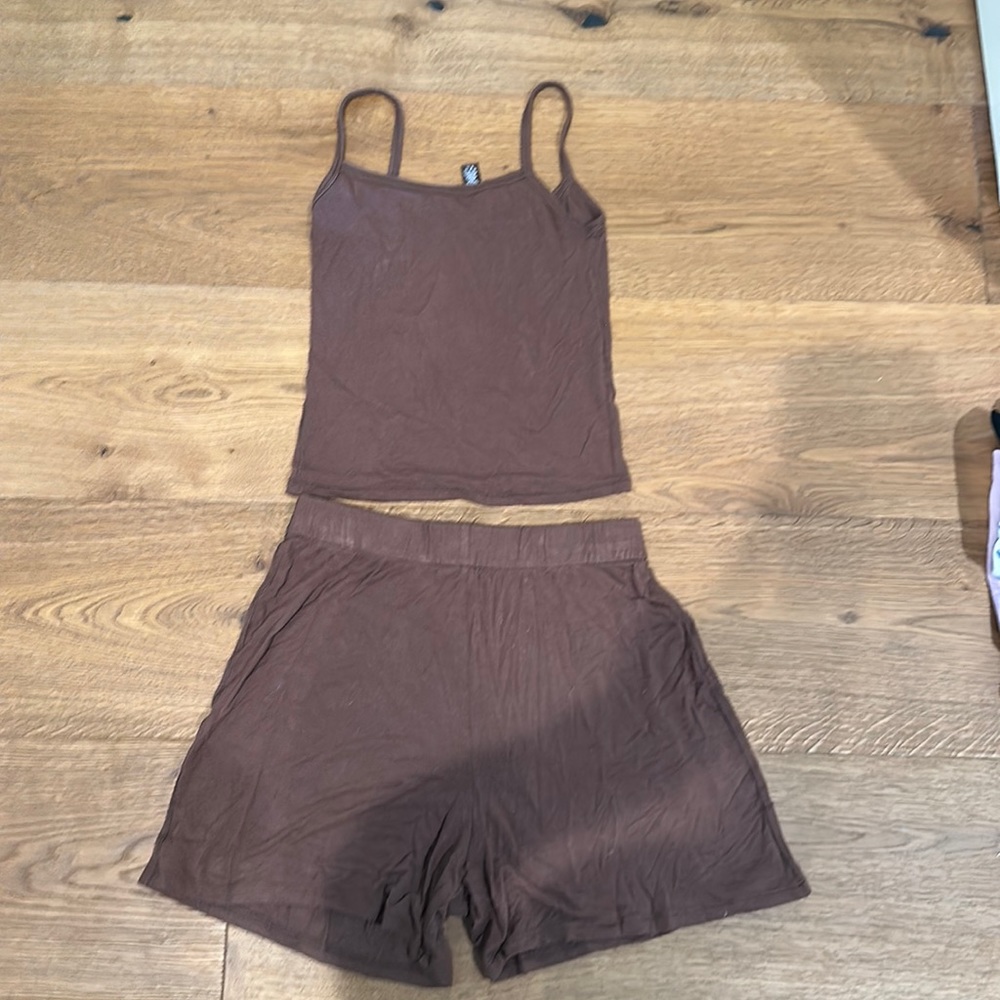 SKIMS Brown Scoop Neck Tank and Lounge Shorts Set